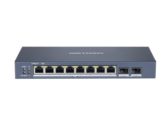 Switch Hikvision 8 Puertos Gigabit PoE + 2 Fibra Óptica, Capa 2, VLAN, QoS