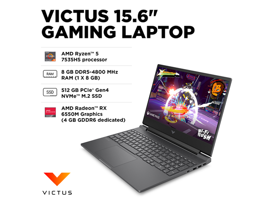 Laptop HP Victus 15-fb0263dx Gaming 15.6" FHD 144Hz, Ryzen 5 7535HS, 8GB, 512GB SSD